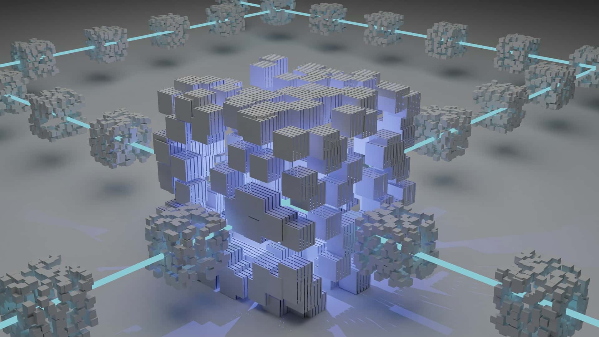 A 3D render of linked blocks forming a glowing network.