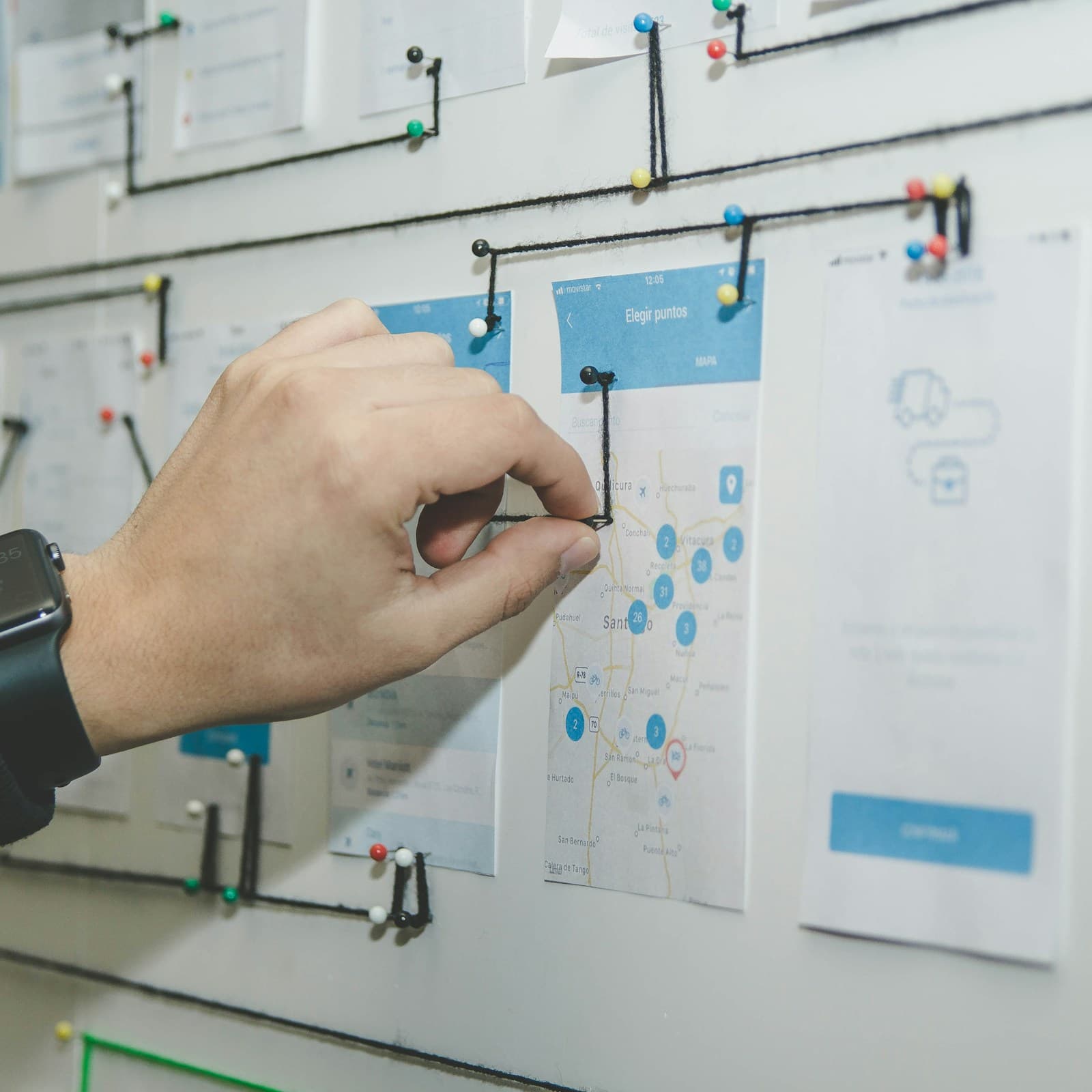 A user-flow map pinned to a planning wall.