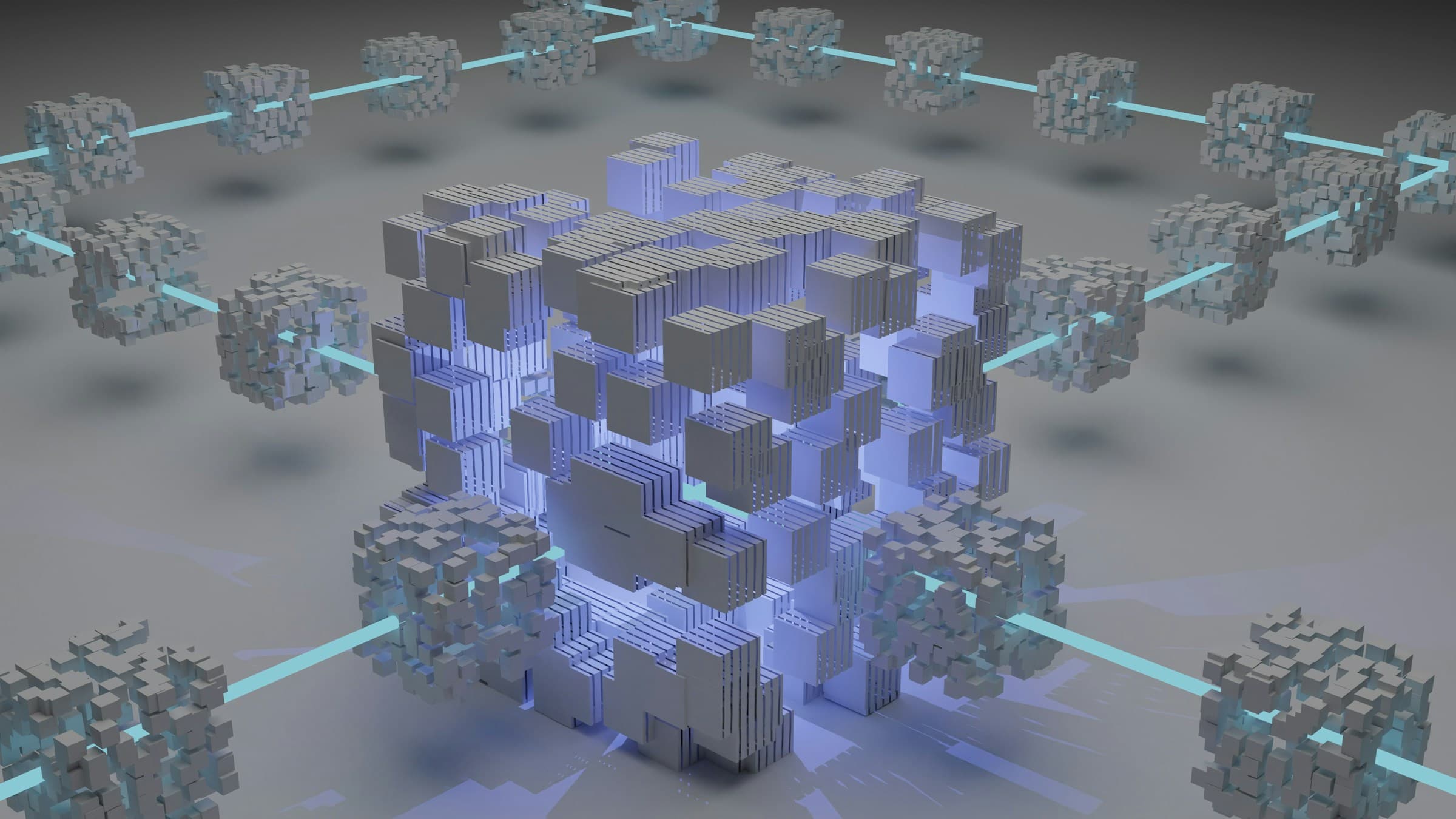A 3D render of linked blocks forming a glowing network.