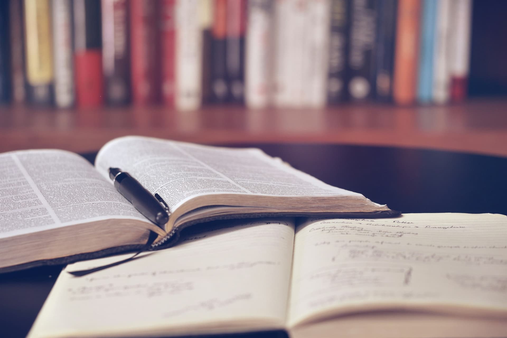 Open dictionaries and notebooks on a study table.