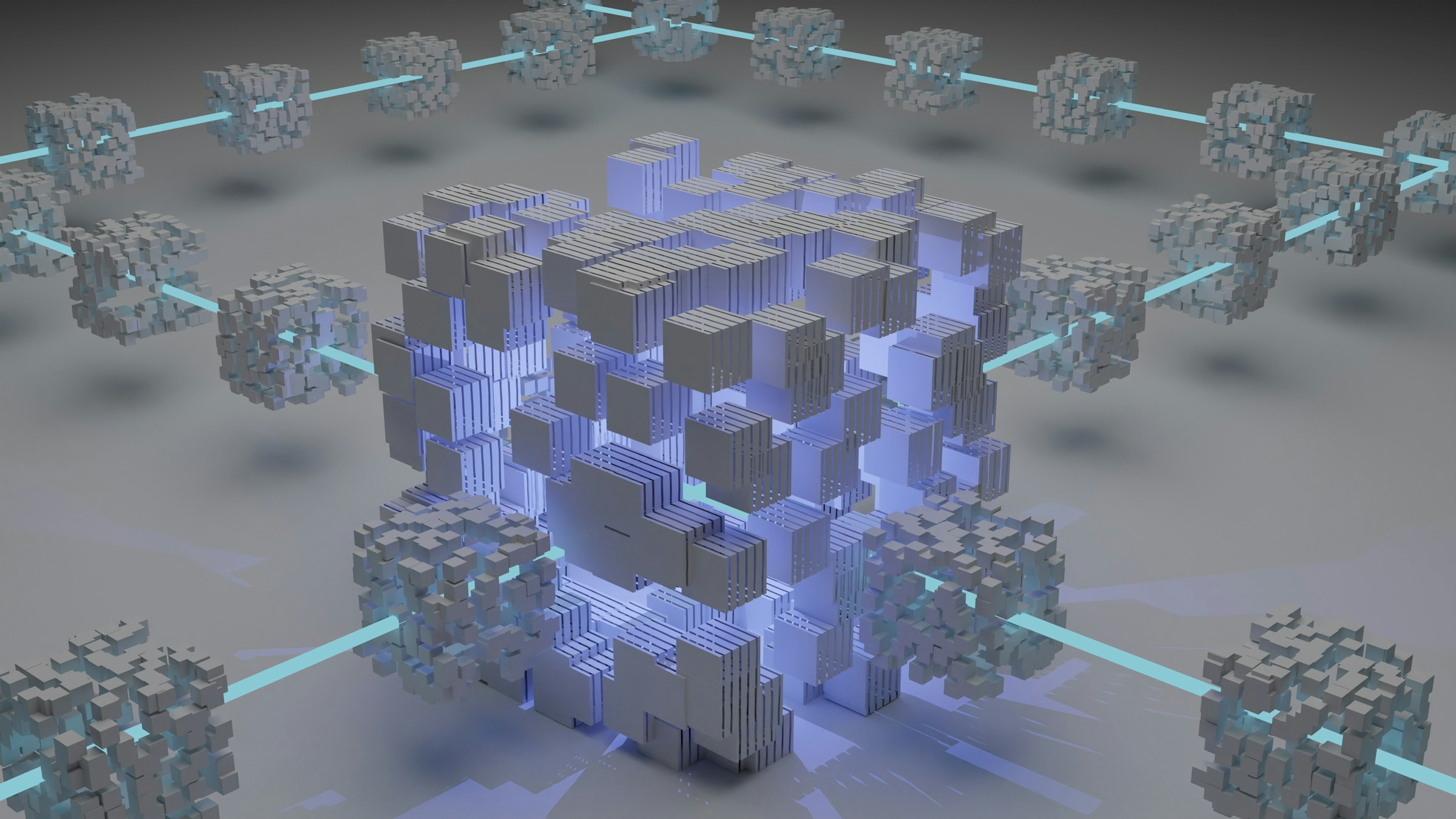 Stylized chain of linked blocks with hashes reaching consensus.