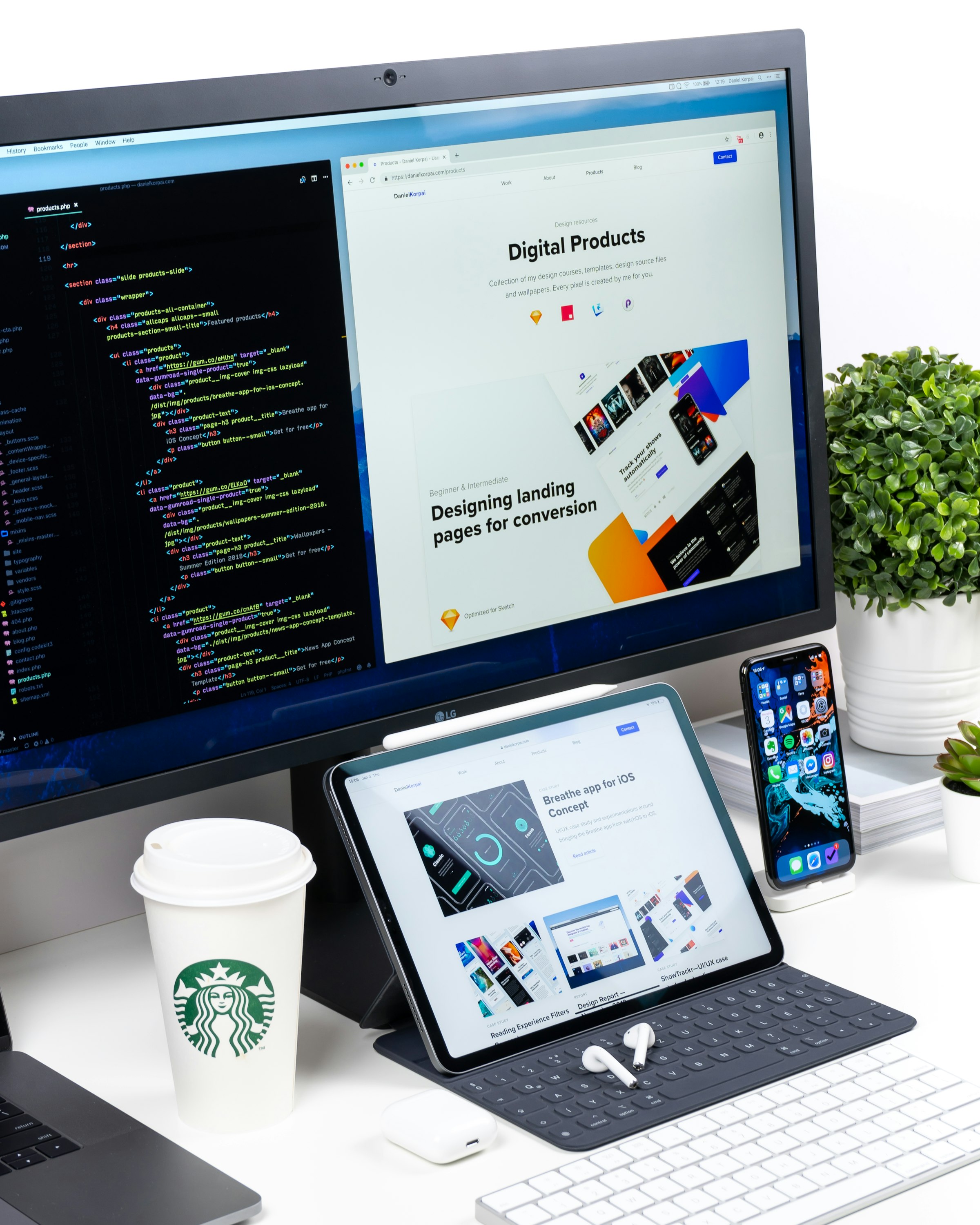 Stylized browser window with a web app interface and analytics panel.